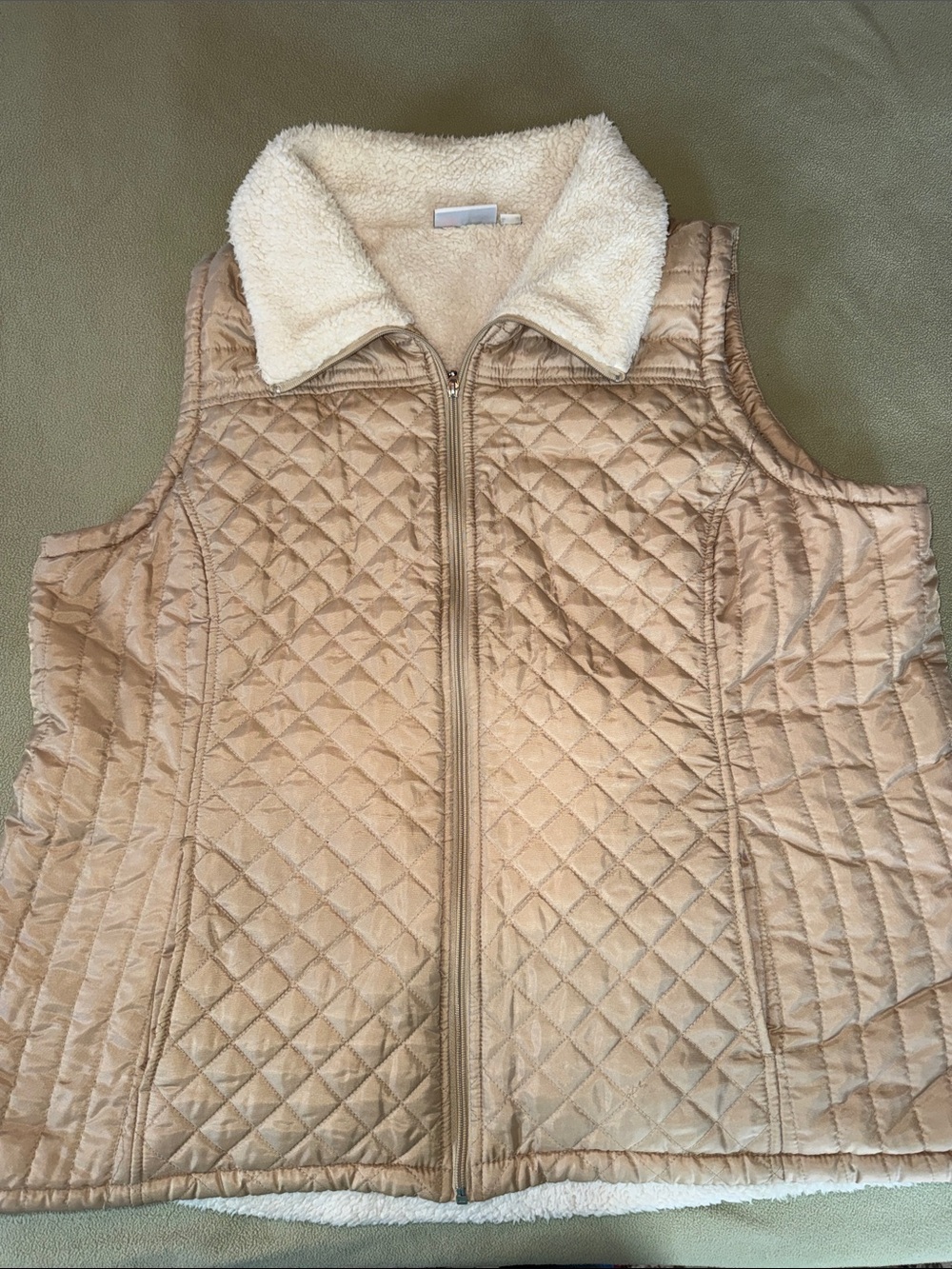 Denim&Co Quilted Tan Vest with Cream Sherpa Lining and Collar